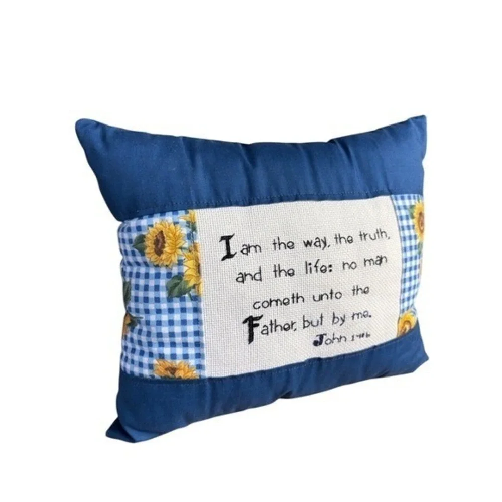 Handmade‎ Cross Stitch Scripture John 14:6 Accent Pillow w/Sunflowers Blue NWOT